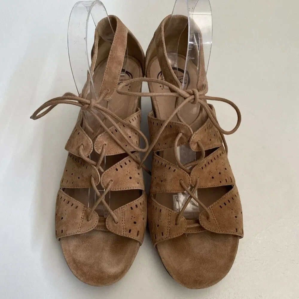 Abeo Lilia Tan Suede Cork Wedge Sandal Beige Brown Open Toe Strappy Tie …